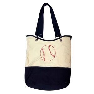 Thirty-One Canvas Crew Tote Women Large Cream Navy Baseball Good Embroidered Bag